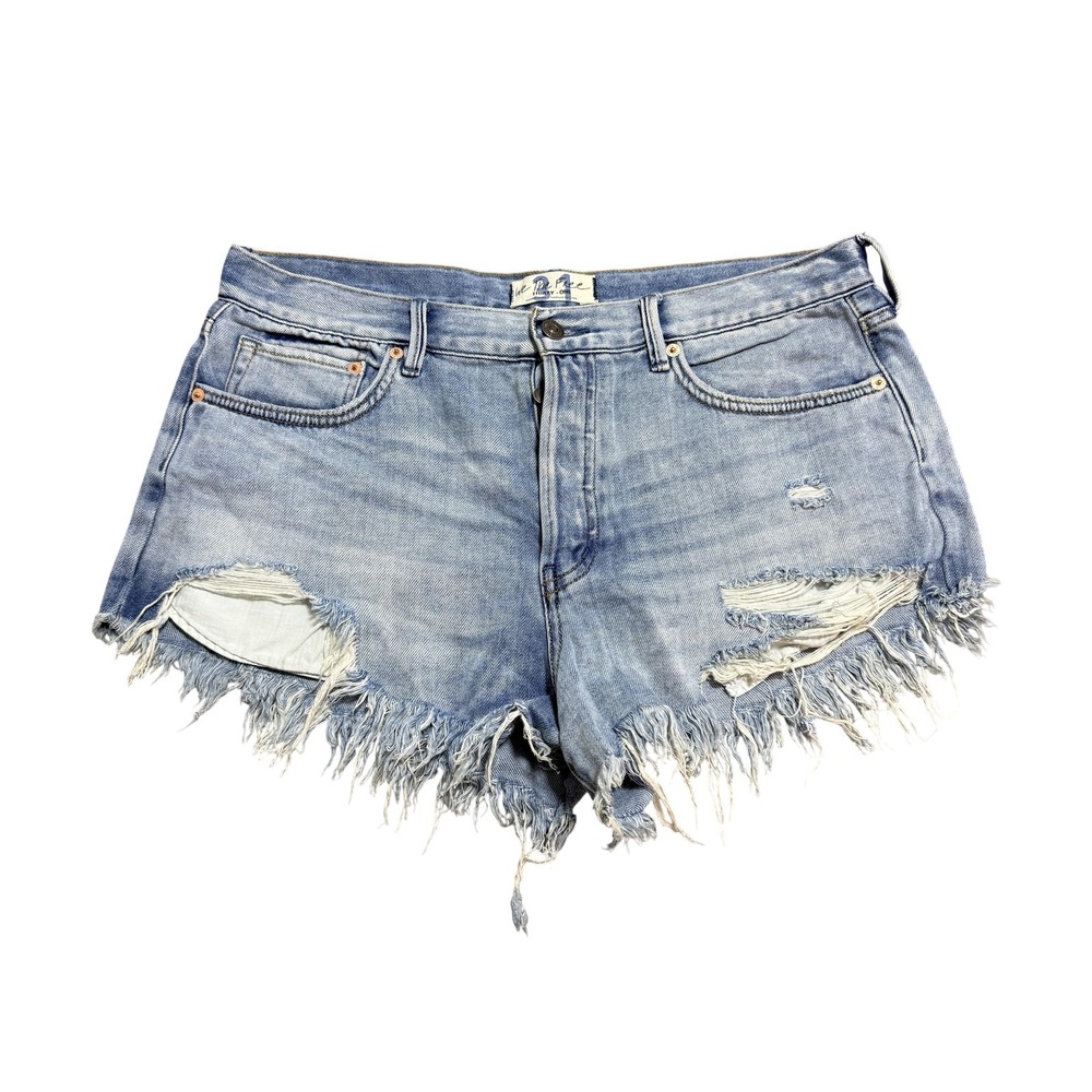 We The Free Shorts Womens 31 Blue Distressed Denim Cutoff Raw Fringe Frayed Hem